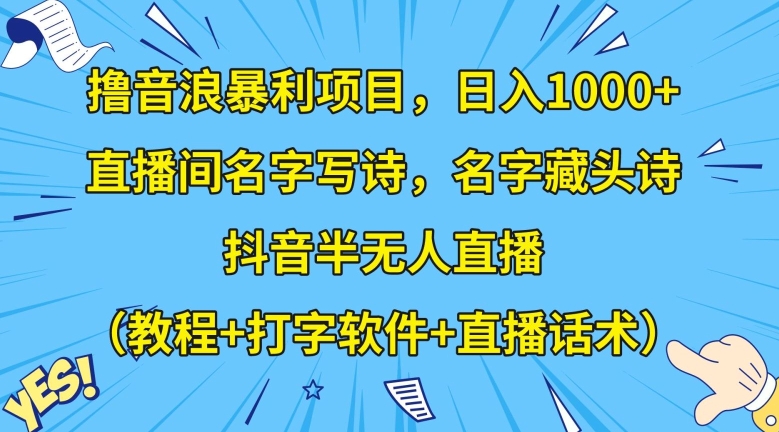 撸音浪暴利项目，日入1000+，直播间名字写诗，名字藏头诗，抖音半无人直播（教程+打字软件+直播话术）【揭秘】-智慧宝库