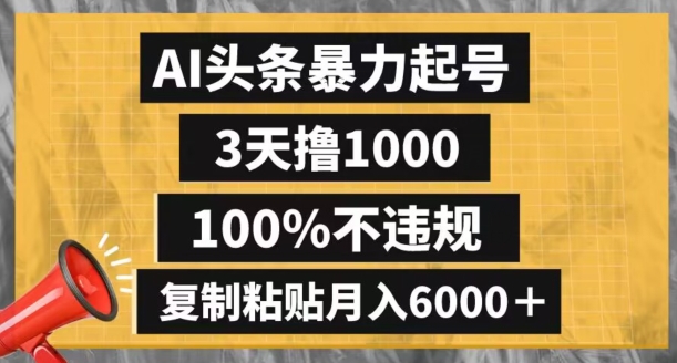 AI头条暴力起号，3天撸1000,100%不违规，复制粘贴月入6000＋【揭秘】-智慧宝库