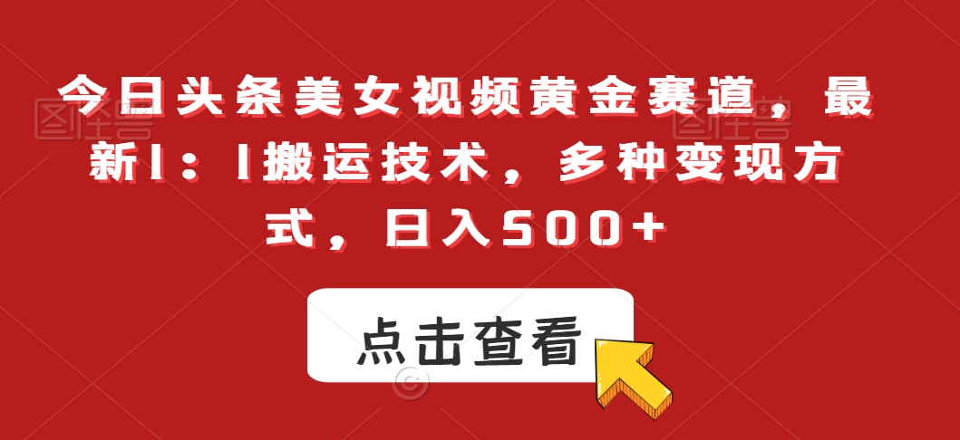 今日头条美女视频黄金赛道，最新1：1搬运技术，多种变现方式，日入500+【揭秘】-智慧宝库