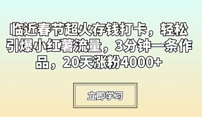 临近春节超火存钱打卡，轻松引爆小红薯流量，3分钟一条作品，20天涨粉4000+【揭秘】-智慧宝库