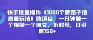快手批量操作《1000个野路子信息差玩法》的项目,一分钟做一个视频一个图文,不封号,日引流150+【揭秘】-智慧宝库