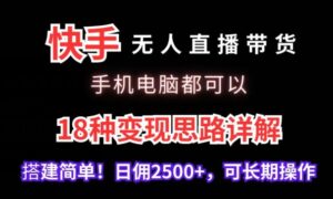 快手无人直播带货，手机电脑都可以，18种变现思路详解，搭建简单日佣2500+【揭秘】-智慧宝库