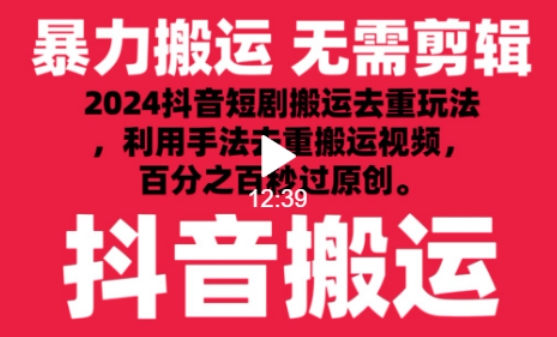 2024最新抖音搬运技术，抖音短剧视频去重，手法搬运，利用工具去重，达到秒过原创的效果【揭秘】-智慧宝库